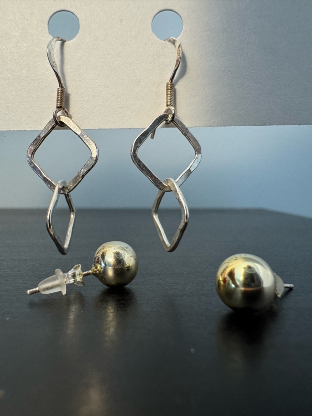 Set of 2 Touch of Silver earrings. Round ball posts & geometric square drop
